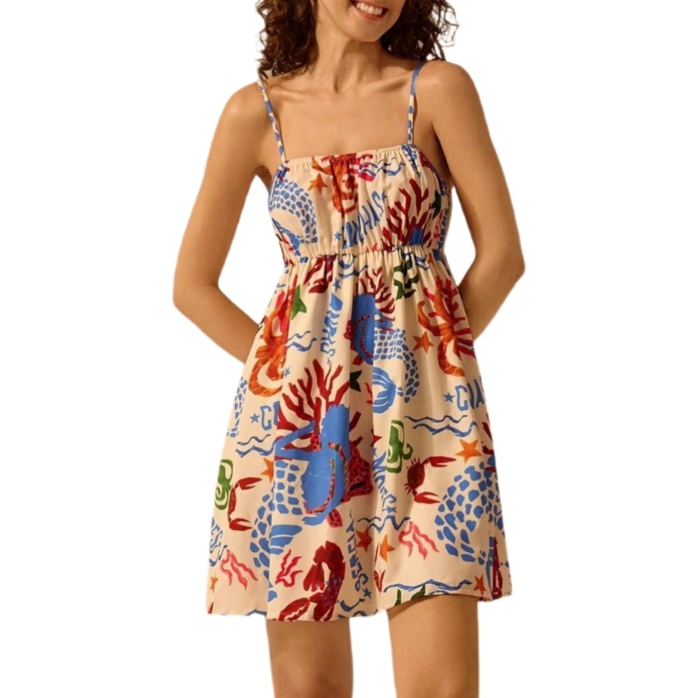 女式波西米亚风印花无袖系带褶皱胸围迷你休闲海滩度假连衣裙