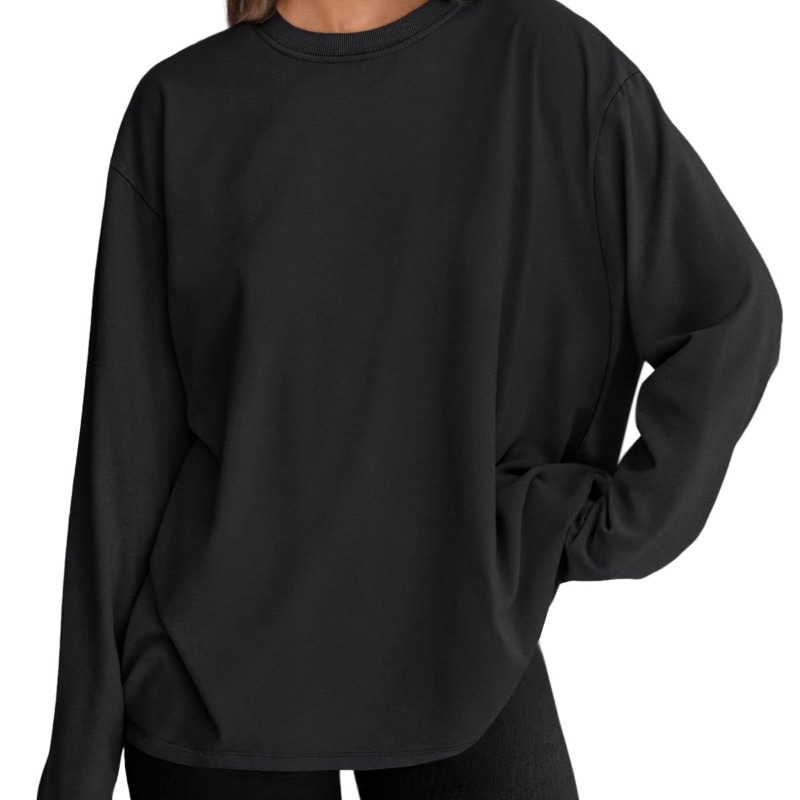 时尚女式宽松长袖 T 恤套头纯色圆领 T 恤春秋季上衣休闲