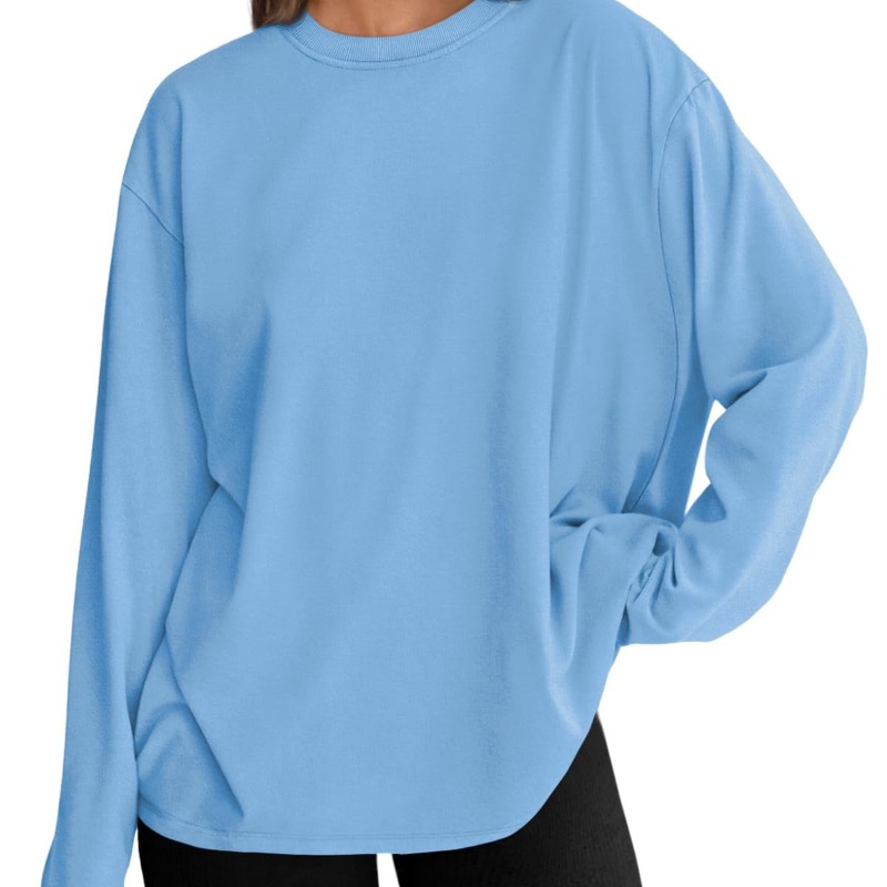 时尚女式宽松长袖 T 恤套头纯色圆领 T 恤春秋季上衣休闲