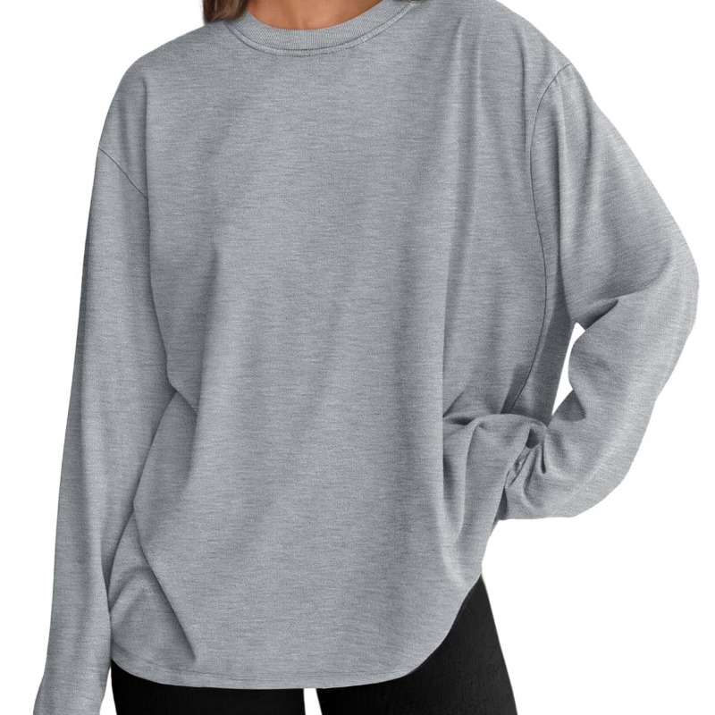 时尚女式宽松长袖 T 恤套头纯色圆领 T 恤春秋季上衣休闲