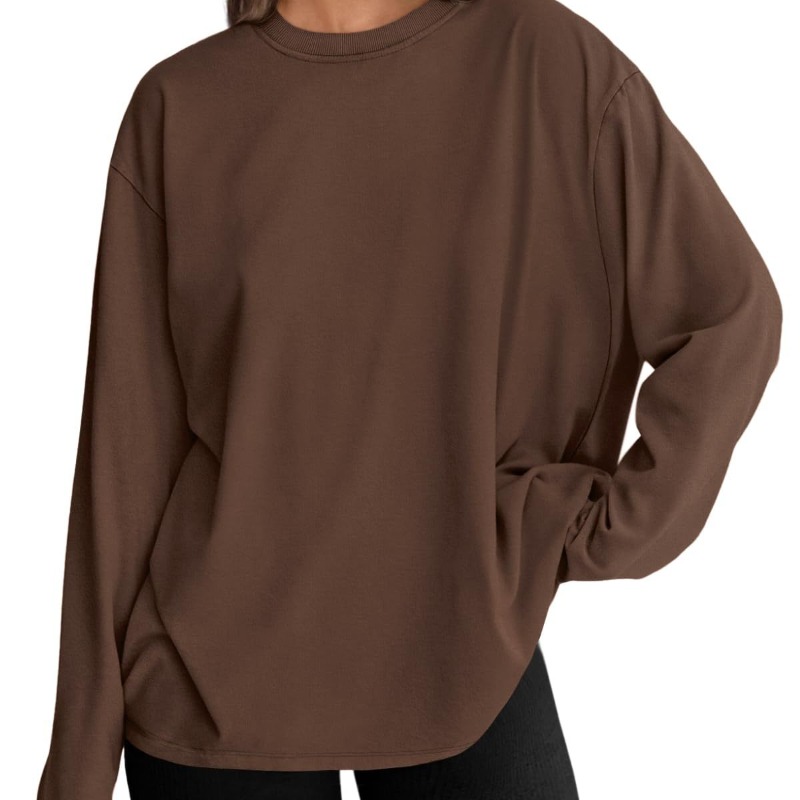 时尚女式宽松长袖 T 恤套头纯色圆领 T 恤春秋季上衣休闲