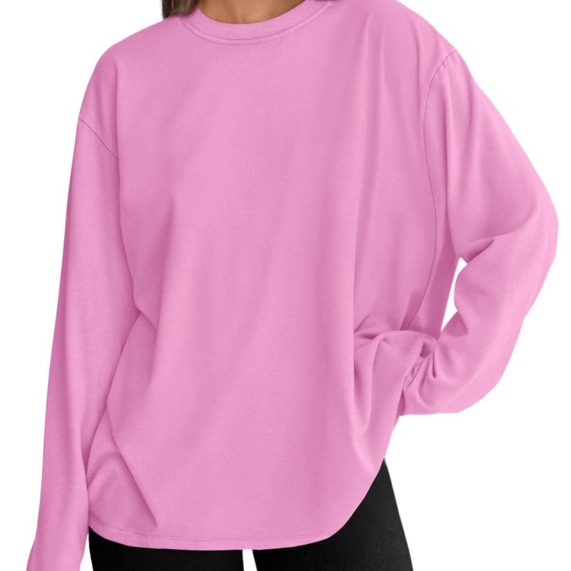 时尚女式宽松长袖 T 恤套头纯色圆领 T 恤春秋季上衣休闲