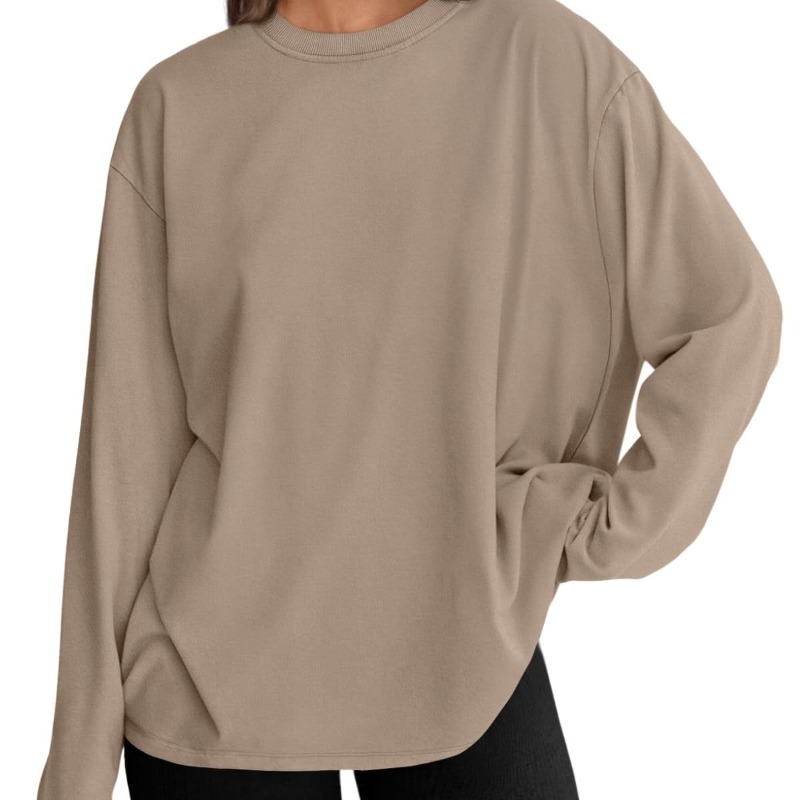 时尚女式宽松长袖 T 恤套头纯色圆领 T 恤春秋季上衣休闲