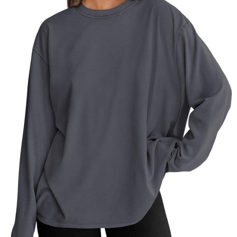 时尚女式宽松长袖 T 恤套头纯色圆领 T 恤春秋季上衣休闲