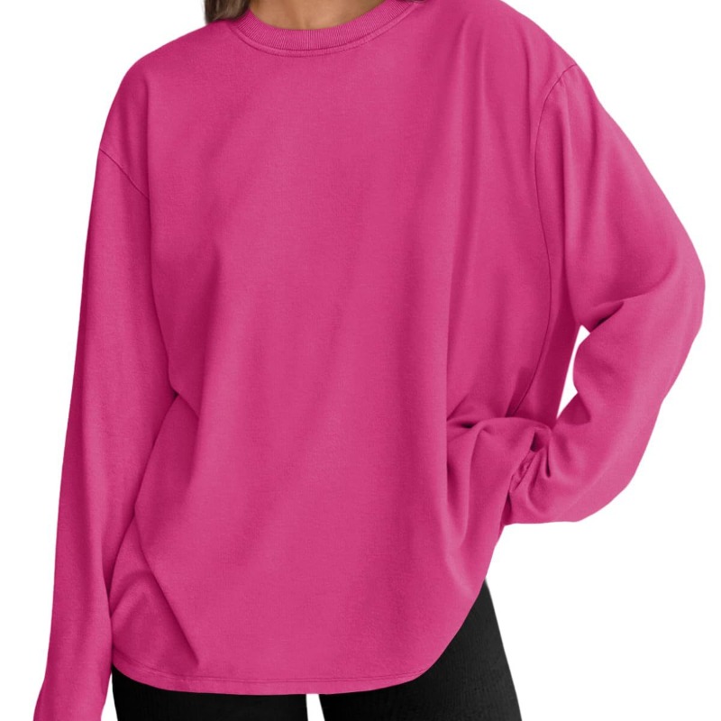 时尚女式宽松长袖 T 恤套头纯色圆领 T 恤春秋季上衣休闲