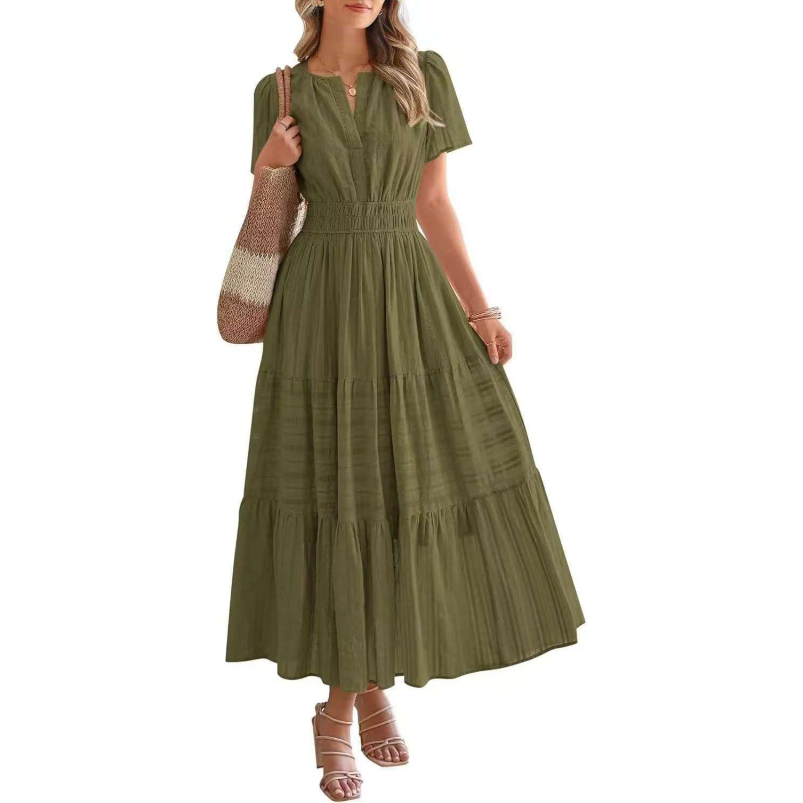 Women's 2025 Summer V-Neck Ruffle Tiered Maxi Dress Puff Sleeve Elastic Waist Flowy Boho Dress with Pockets Lightweight Polyester