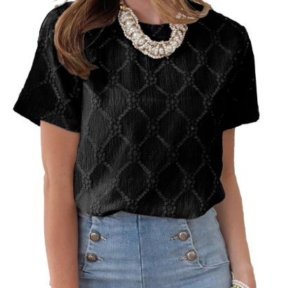 Embroidered Flower Jacquard T-Shirt - Summer's New Women's Round-Neck Short-Sleeved Top With A Three-Dimensional Retro Floral Knitted Sweater