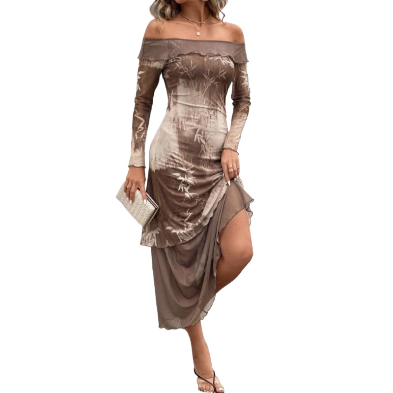 Women's Strapless Elastic Double-layer Side Slit Long Sleeve Maxi Dress Mesh Transparent Bamboo Printed Off Shoulder Dress