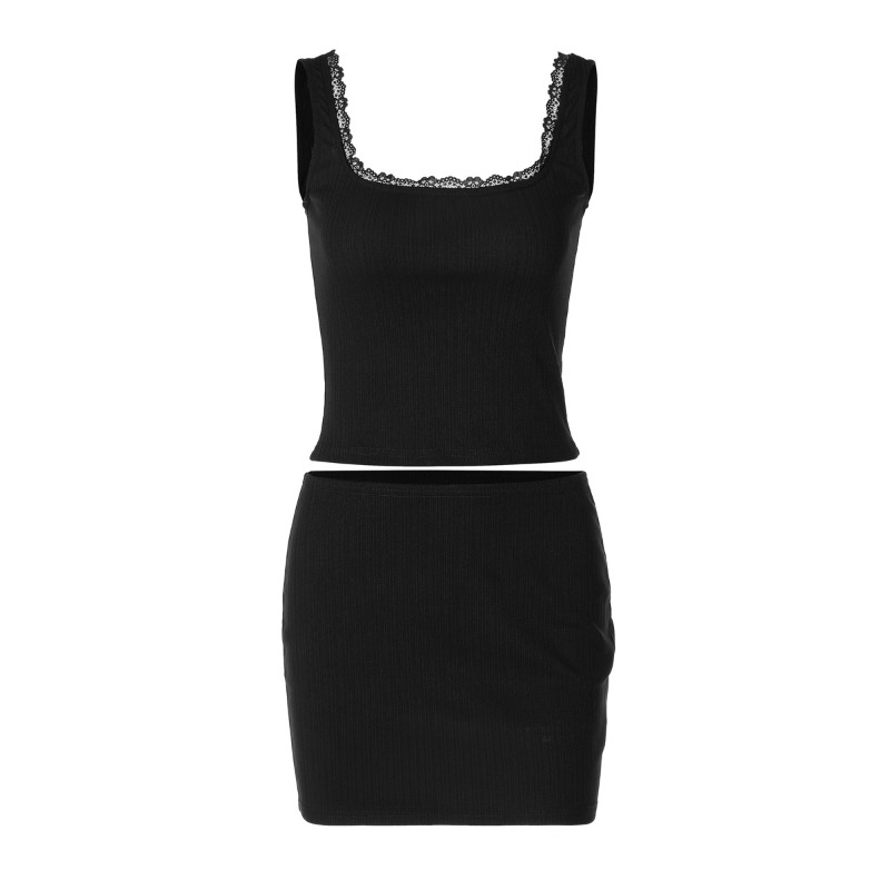 女装蕾丝花边吊带方领辣妹上衣纯色包臀短裙套装