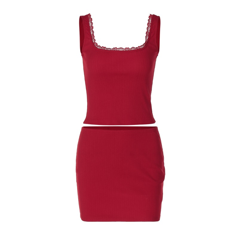 女装蕾丝花边吊带方领辣妹上衣纯色包臀短裙套装