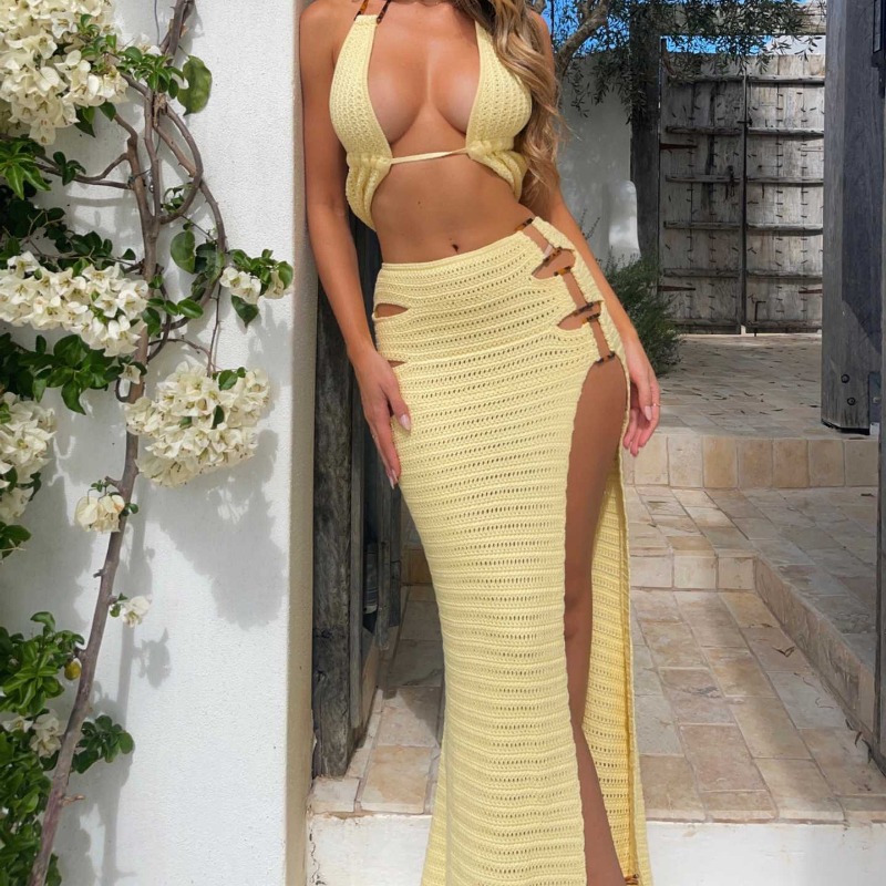 沙滩女纯色针织沙滩比基尼泳衣罩衫防晒套装