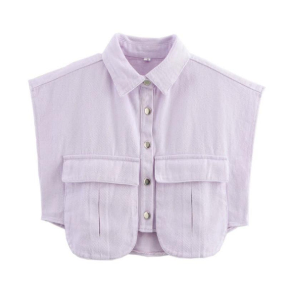 女装2025纽扣衬衫可爱袖子露脐上衣衬衫，纯色大口袋无袖马球领牛仔衬衫春夏