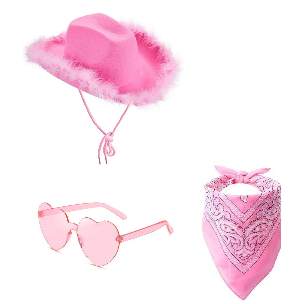 Pink Cowboy/Cowgirl Hat with Heart Shaped Sunglasses, Feather Boa, and Felt for Party Costumes, Dress Up, Cowboy Themed Events, Bachelorette Parties, Unisex, All Ages