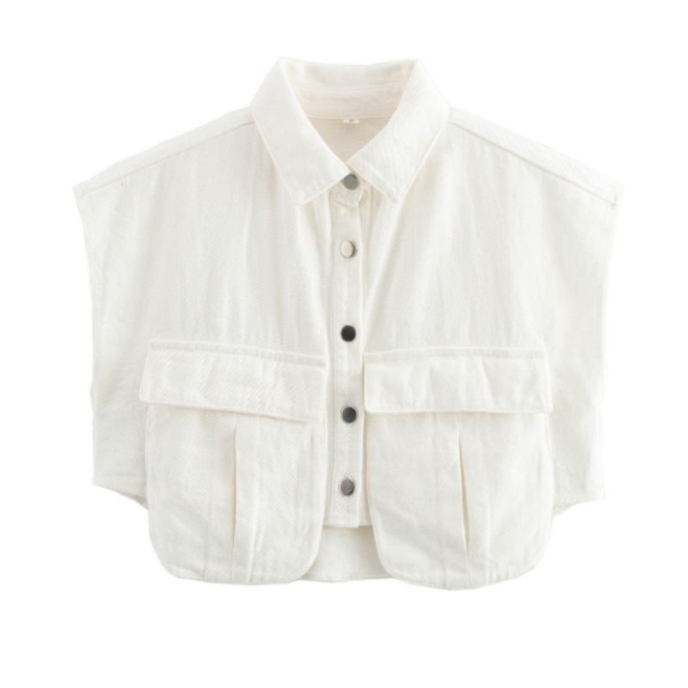 Womens 2025 Button Down Shirts Cute Sleeve Crop Tops Blouse, Solid Color Large-pocket Sleeveless Polo Collar Denim Shirt Spring Summer