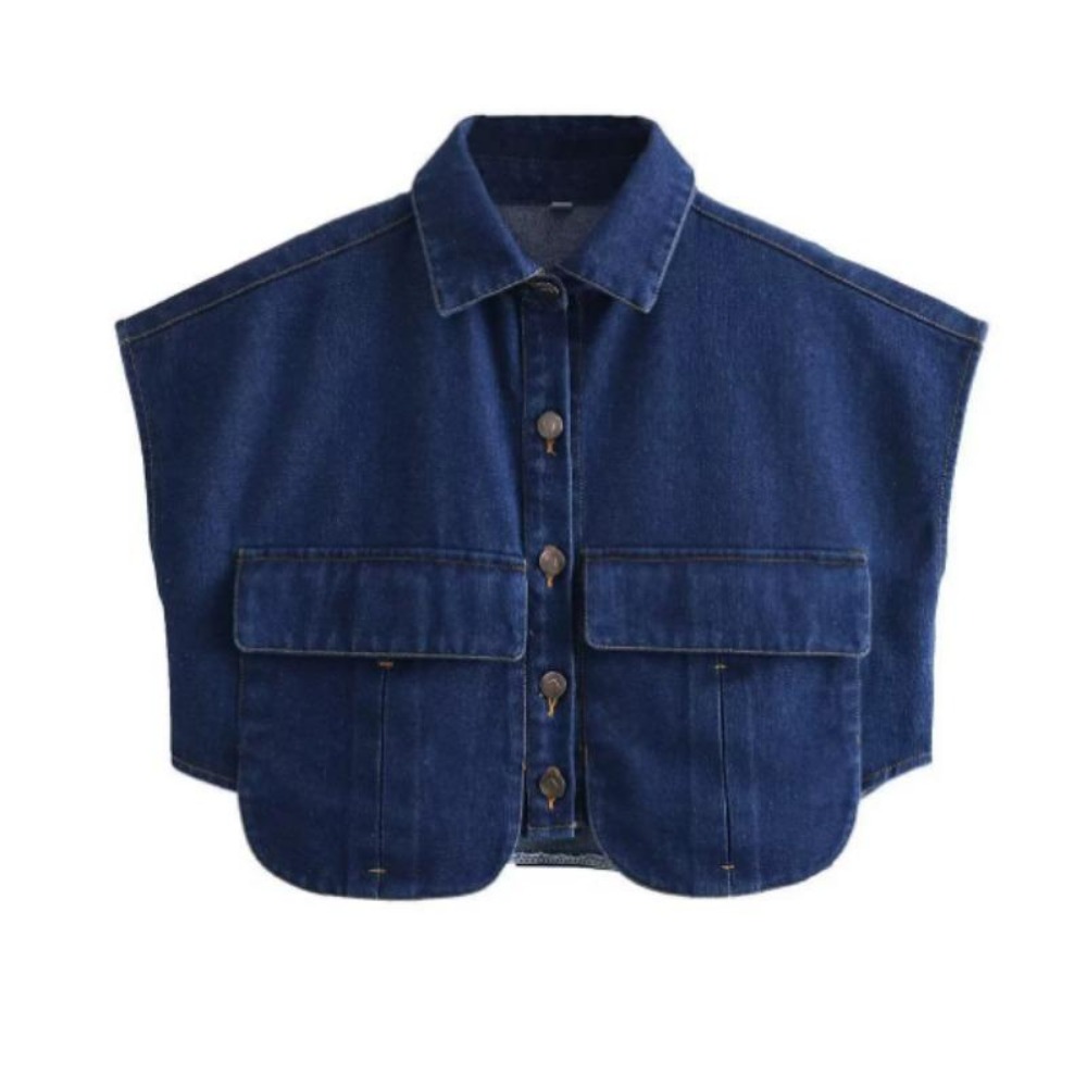 女装2025纽扣衬衫可爱袖子露脐上衣衬衫，纯色大口袋无袖马球领牛仔衬衫春夏