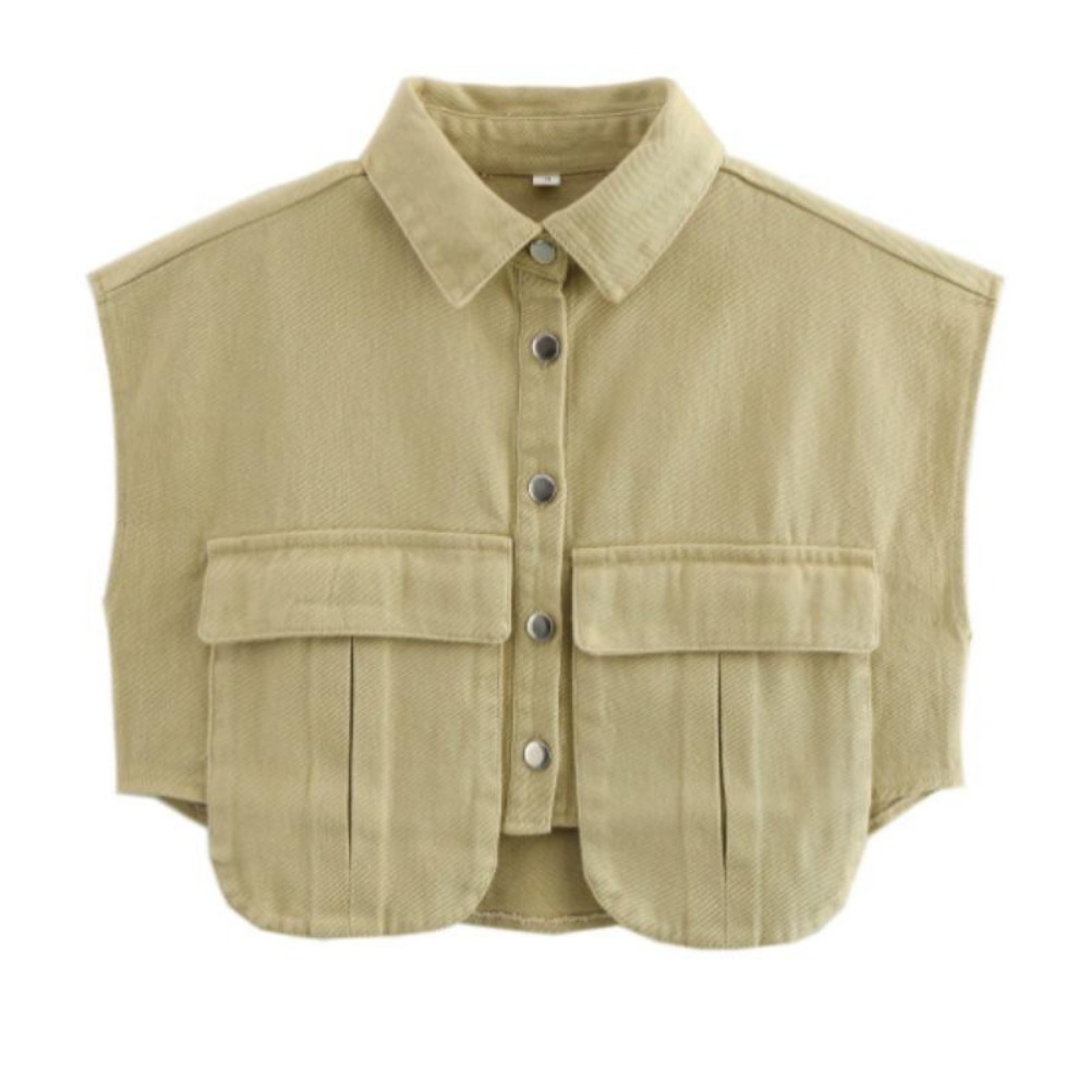 女装2025纽扣衬衫可爱袖子露脐上衣衬衫，纯色大口袋无袖马球领牛仔衬衫春夏