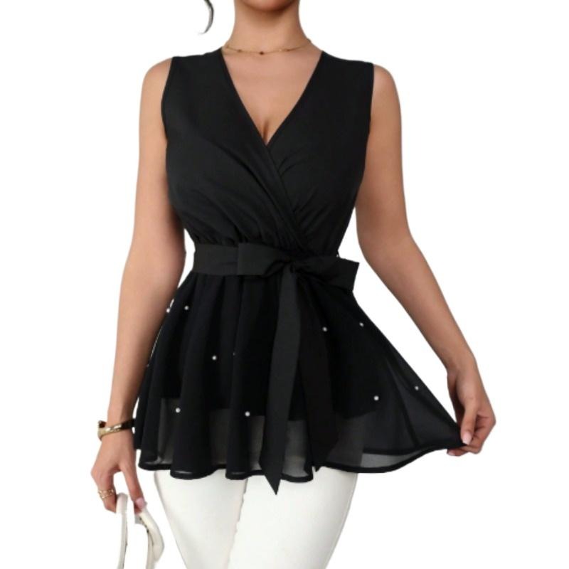 2025 Women's Elegant V Neck Peplum Tops Tie Front Short Sleeve Shirts Tops Blouse Sleeveless Vest