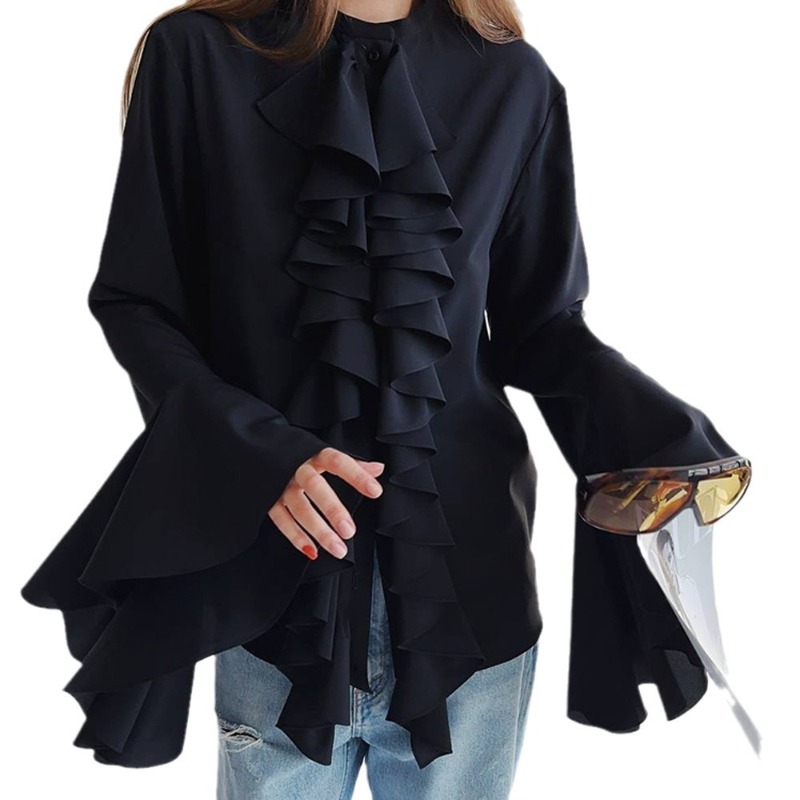 Women's Flared Sleeve Blouse Tencel Chiffon Shirt Loose Fit Ruffle Top Elegant Long Sleeve Shirt Boho Casual Wear