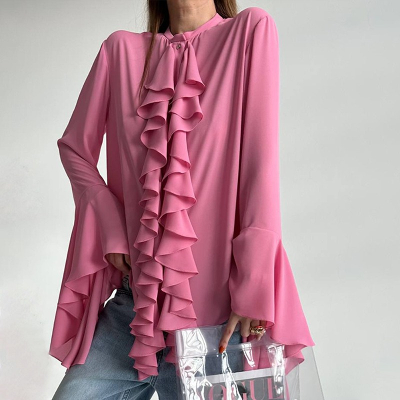 Women's Flared Sleeve Blouse Tencel Chiffon Shirt Loose Fit Ruffle Top Elegant Long Sleeve Shirt Boho Casual Wear