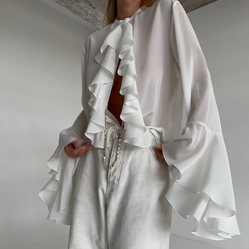 开衫宽松喇叭袖天丝荷叶雪纺衫上衣长袖女式衬衫