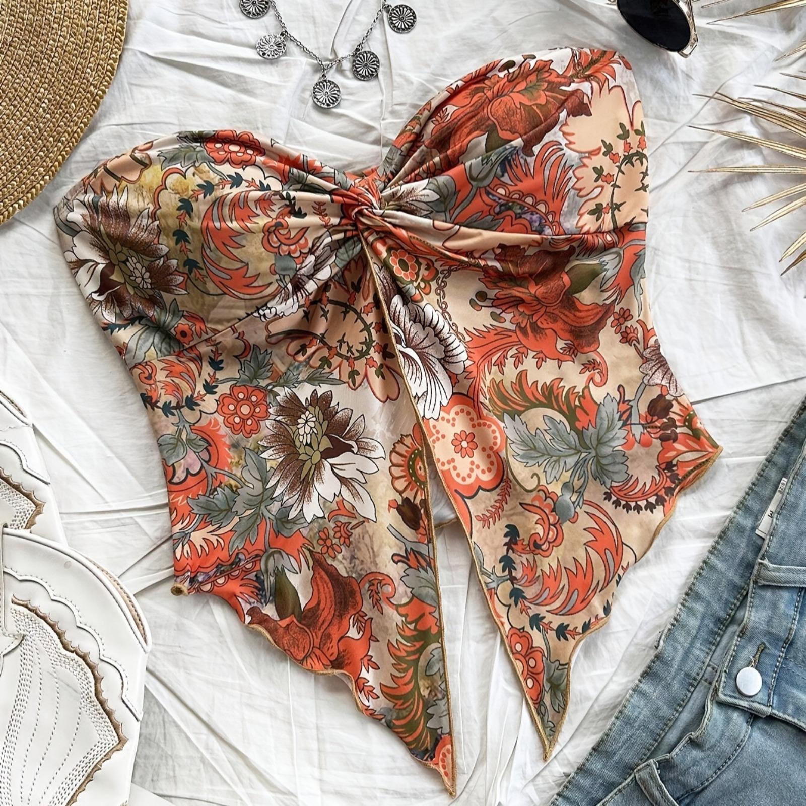 印花不对称下摆背心度假风格裹胸交叉无肩带上衣露肩上衣