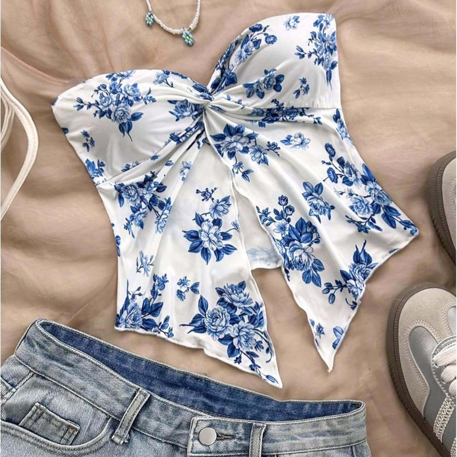 Women's Floral Print Twist Split Tube Crop Top Strapless Sleeveless Asymmetrical Hem Vacation Tops