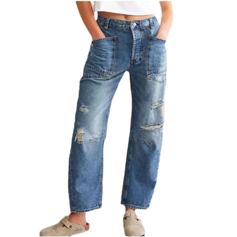 Womens Jeans Mid High Waisted Wide Leg Cut Horseshoe Baggy Raw Hem Jeans for Women Trendy 2025 Denim Pants
