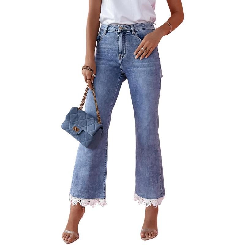 High Waisted Flare Jeans for Women Lace Trim Stretch Bell Bottom Ankle Jeans Wide Flare Leg Short Denim Pants