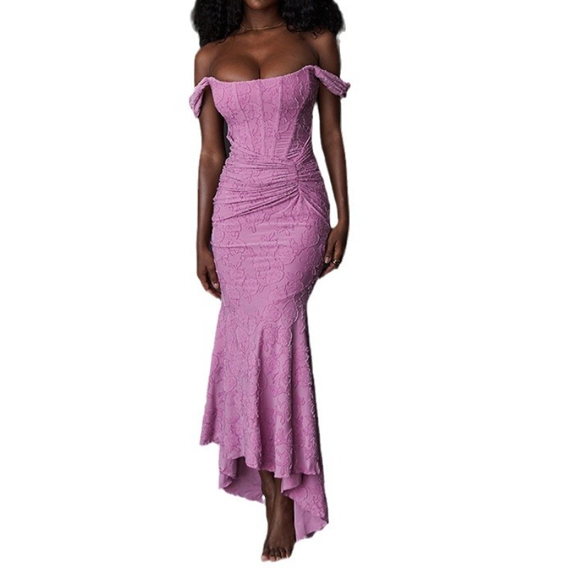 纯色可吊带可一字肩鱼骨束腰连衣裙宴会晚礼服