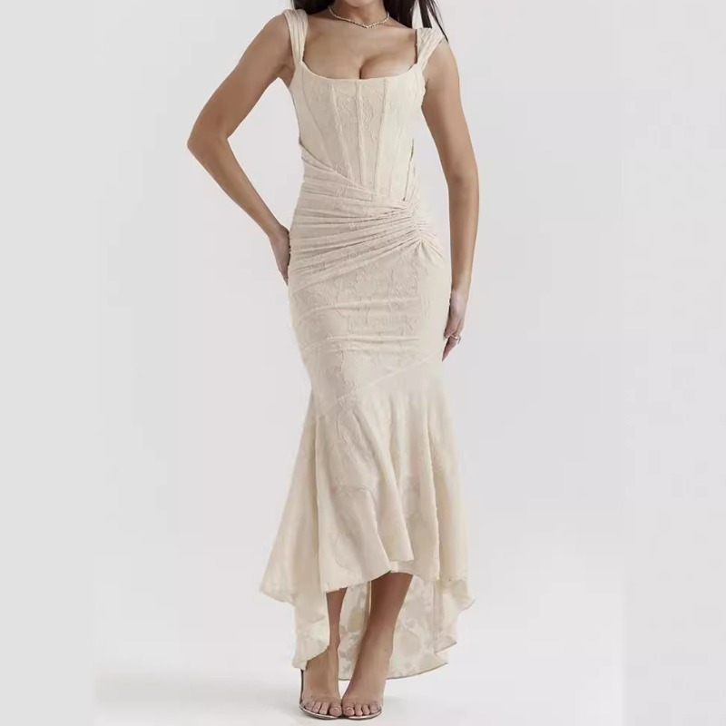 纯色可吊带可一字肩鱼骨束腰连衣裙宴会晚礼服