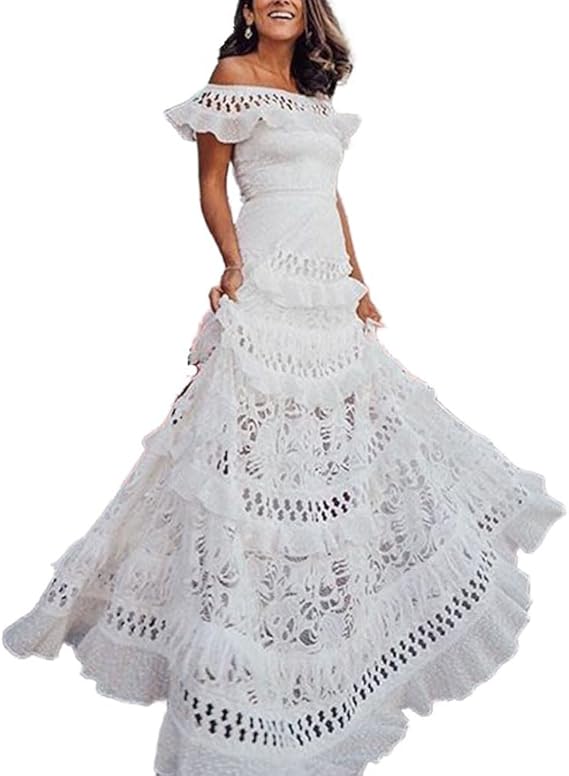 女士的肩部褶皱装饰镂空及地长裙夏季蕾丝固体分层摆动婚礼宾客礼服