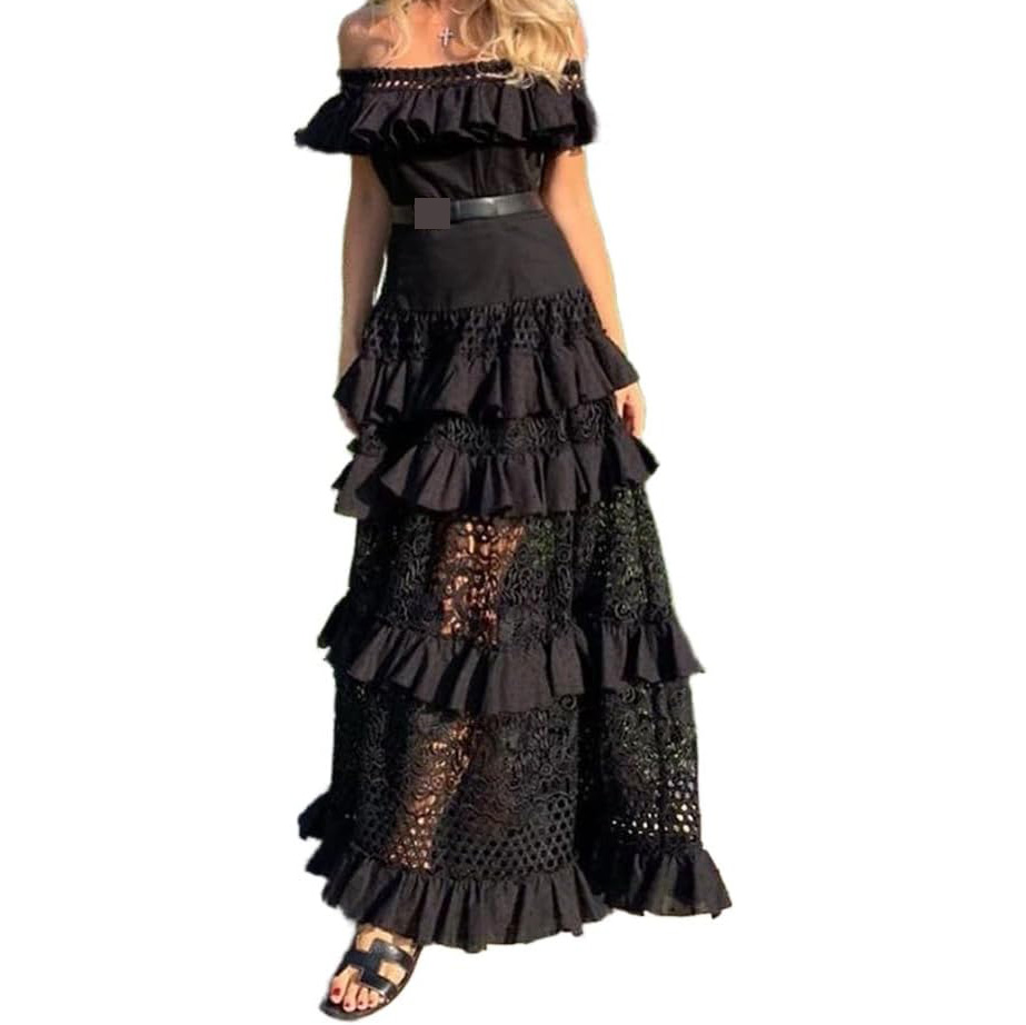 女士的肩部褶皱装饰镂空及地长裙夏季蕾丝固体分层摆动婚礼宾客礼服