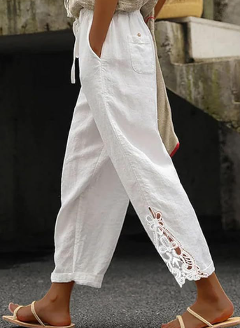 Lace Patchwork Casual Pants - Spring New High-Waisted Nine-Inch Pants With Drawstring Waistband And Nail Buckle Decorative Pocket Pants