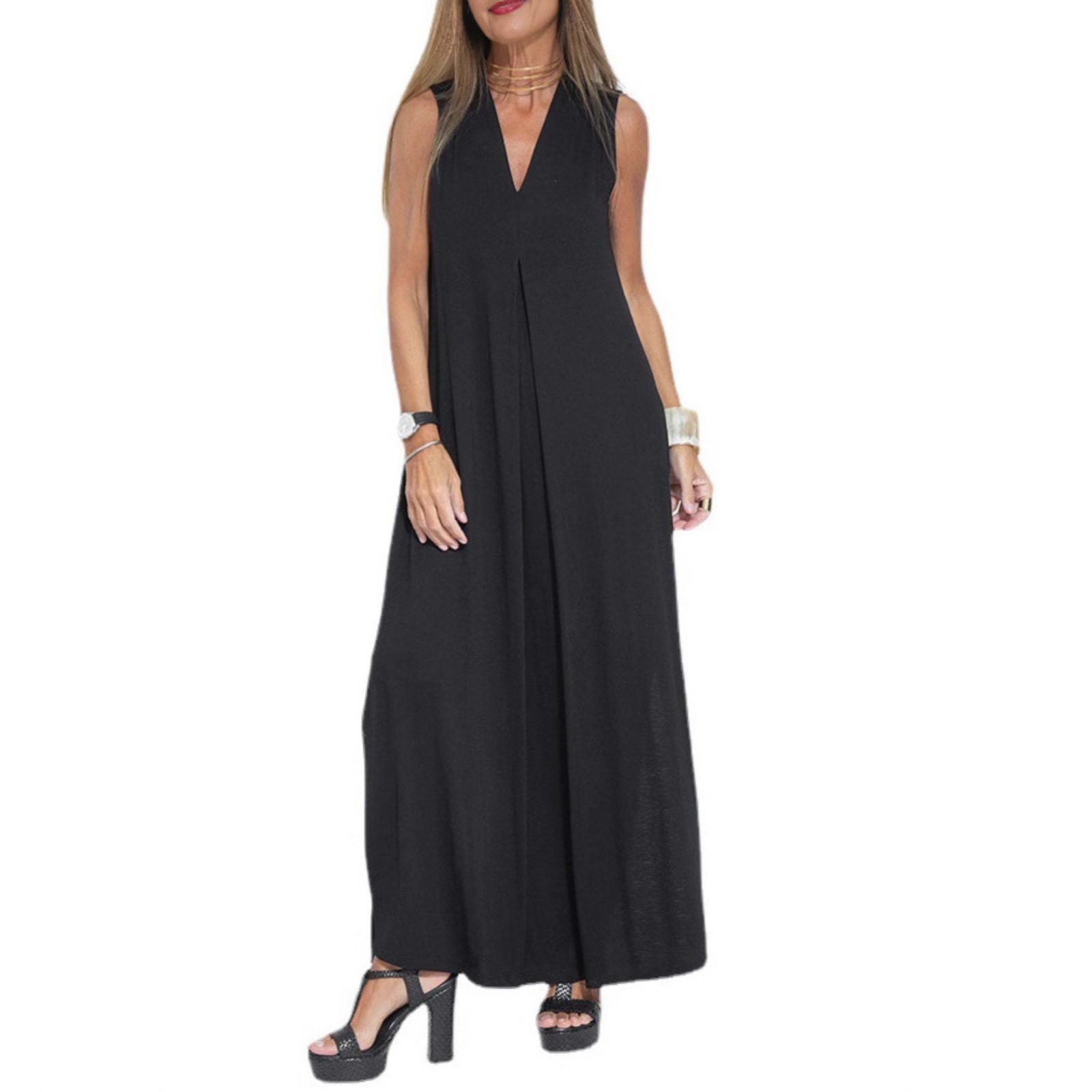 新款纯色套头V领连衣裙女