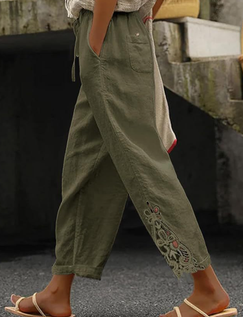 高腰抽绳口袋钉扣九分裤