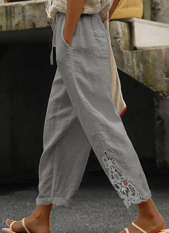 Lace Patchwork Casual Pants - Spring New High-Waisted Nine-Inch Pants With Drawstring Waistband And Nail Buckle Decorative Pocket Pants