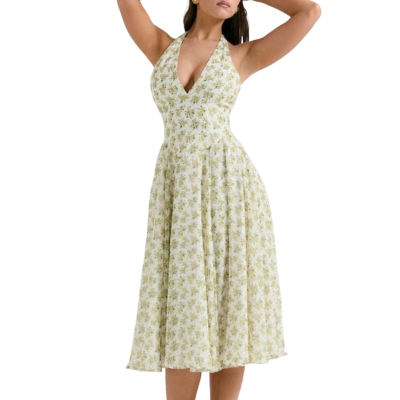 Women Sweet Summer Style Backless, Halter, Fashionable Floral Patterned, Cinched Waist, Versatile large-hem Dress