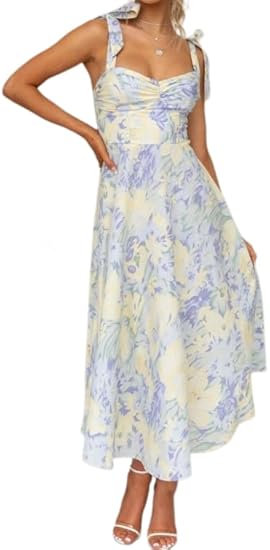女士的花束腰及地连衣裙无袖意大利面条带波西米亚连衣裙夏季性感胸衣飘逸的长太阳裙