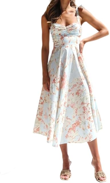 女士的花束腰及地连衣裙无袖意大利面条带波西米亚连衣裙夏季性感胸衣飘逸的长太阳裙