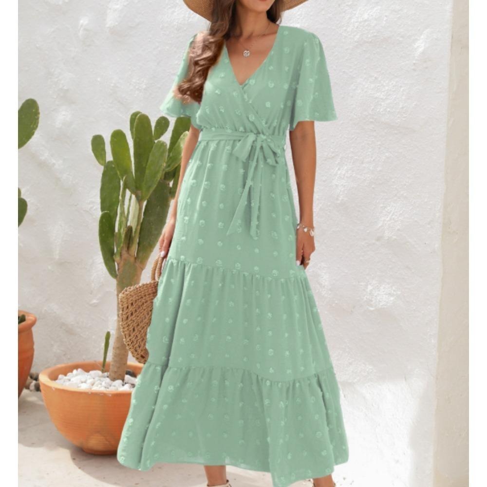 女士波西米亚瑞士点及地长裙包裹V领扑动短袖实心领带腰带一行分层飘逸长裙母亲节