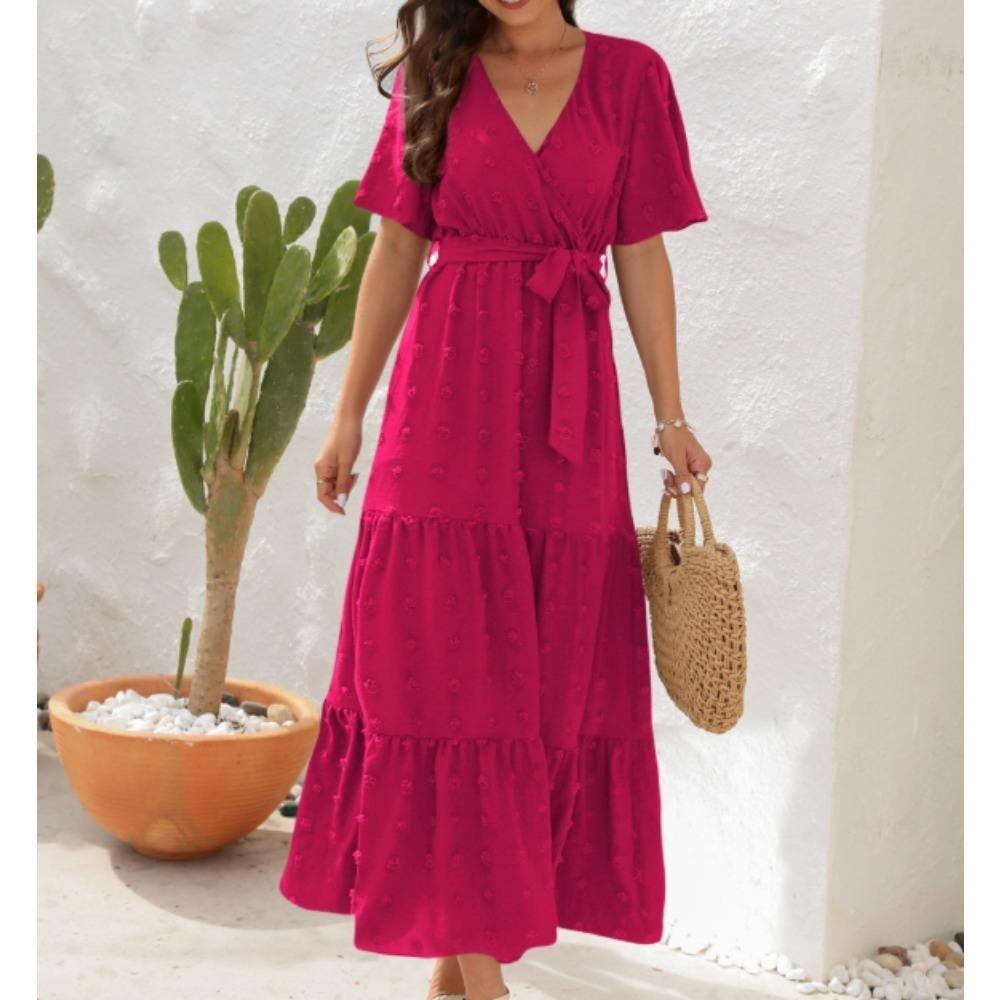 女士波西米亚瑞士点及地长裙包裹V领扑动短袖实心领带腰带一行分层飘逸长裙母亲节