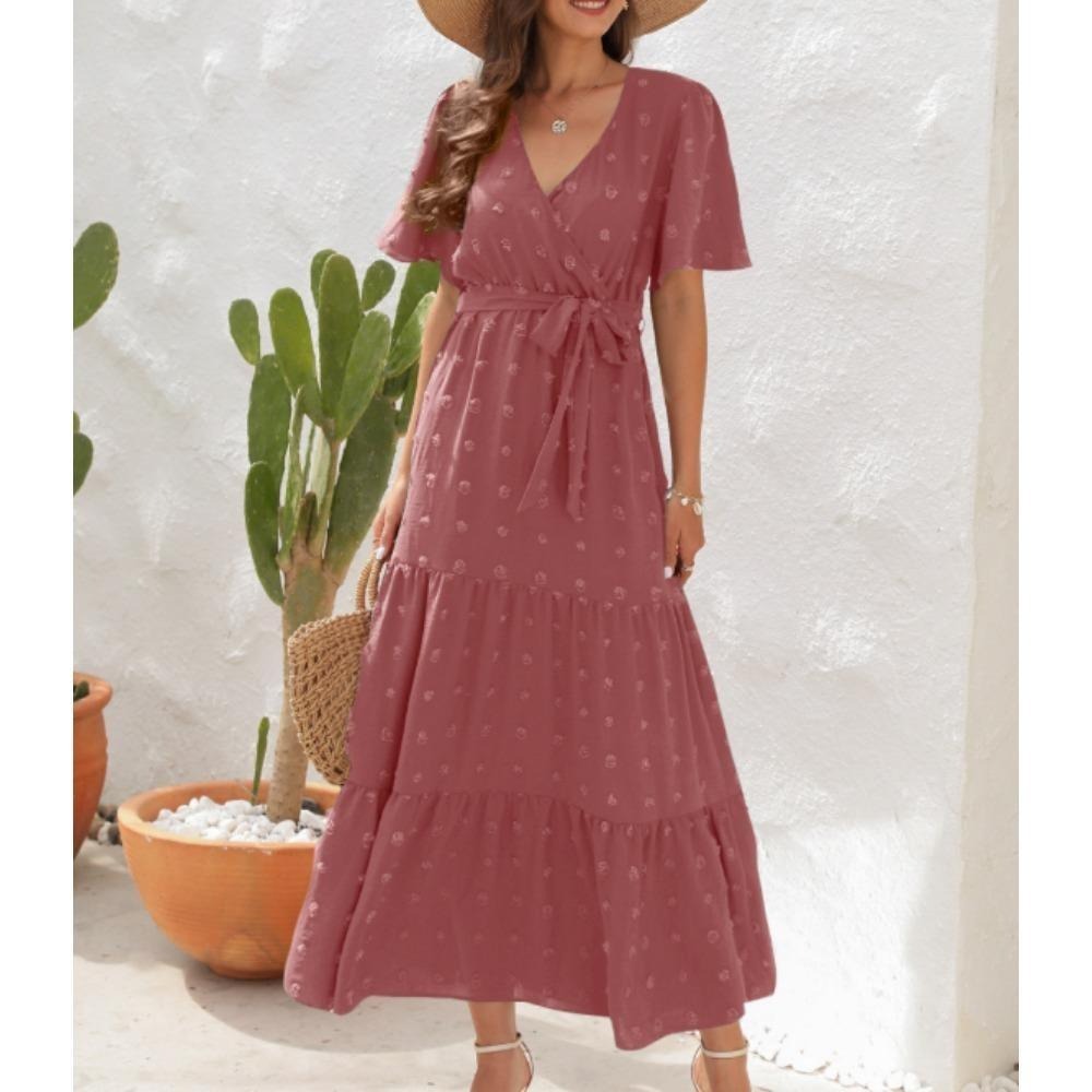 女士波西米亚瑞士点及地长裙包裹V领扑动短袖实心领带腰带一行分层飘逸长裙母亲节