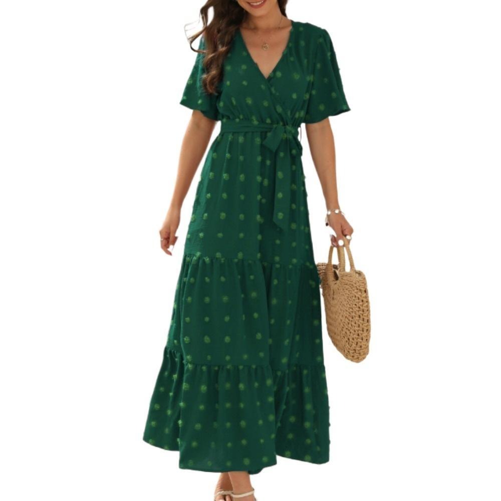 女士波西米亚瑞士点及地长裙包裹V领扑动短袖实心领带腰带一行分层飘逸长裙母亲节