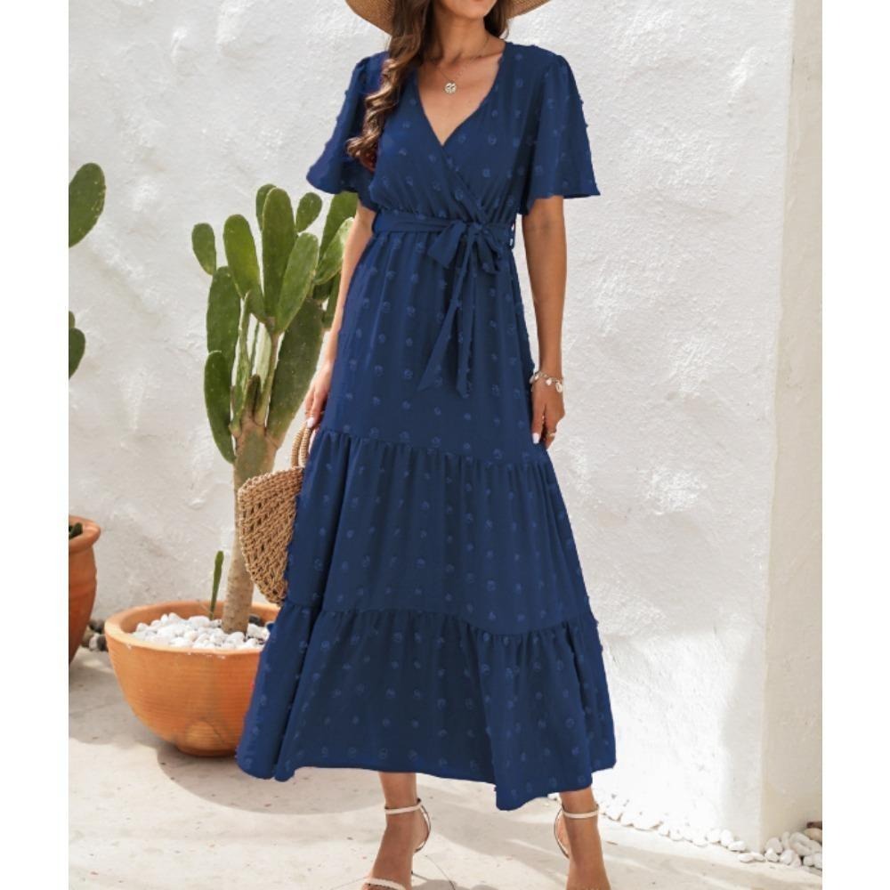 女士波西米亚瑞士点及地长裙包裹V领扑动短袖实心领带腰带一行分层飘逸长裙母亲节