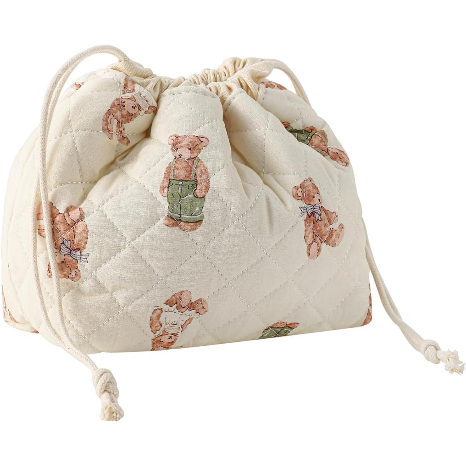 小熊绗缝化妆包 大容量旅行便携束口袋 护肤品收纳袋