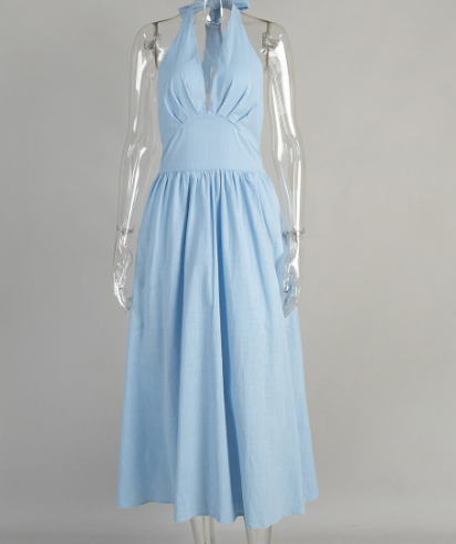 收腰V领绑带长裙