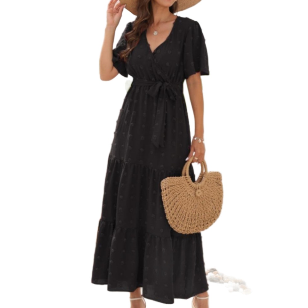 女士波西米亚瑞士点及地长裙包裹V领扑动短袖实心领带腰带一行分层飘逸长裙母亲节