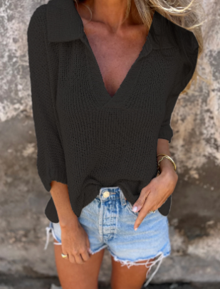 翻领针织衫七分袖纯色打底衫女