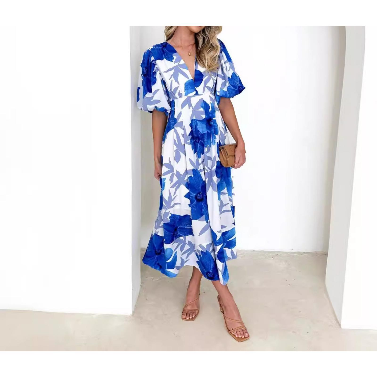 亚马逊跨境欧美女装夏季新款花卉印花泡泡袖A字型长裙气质连衣裙