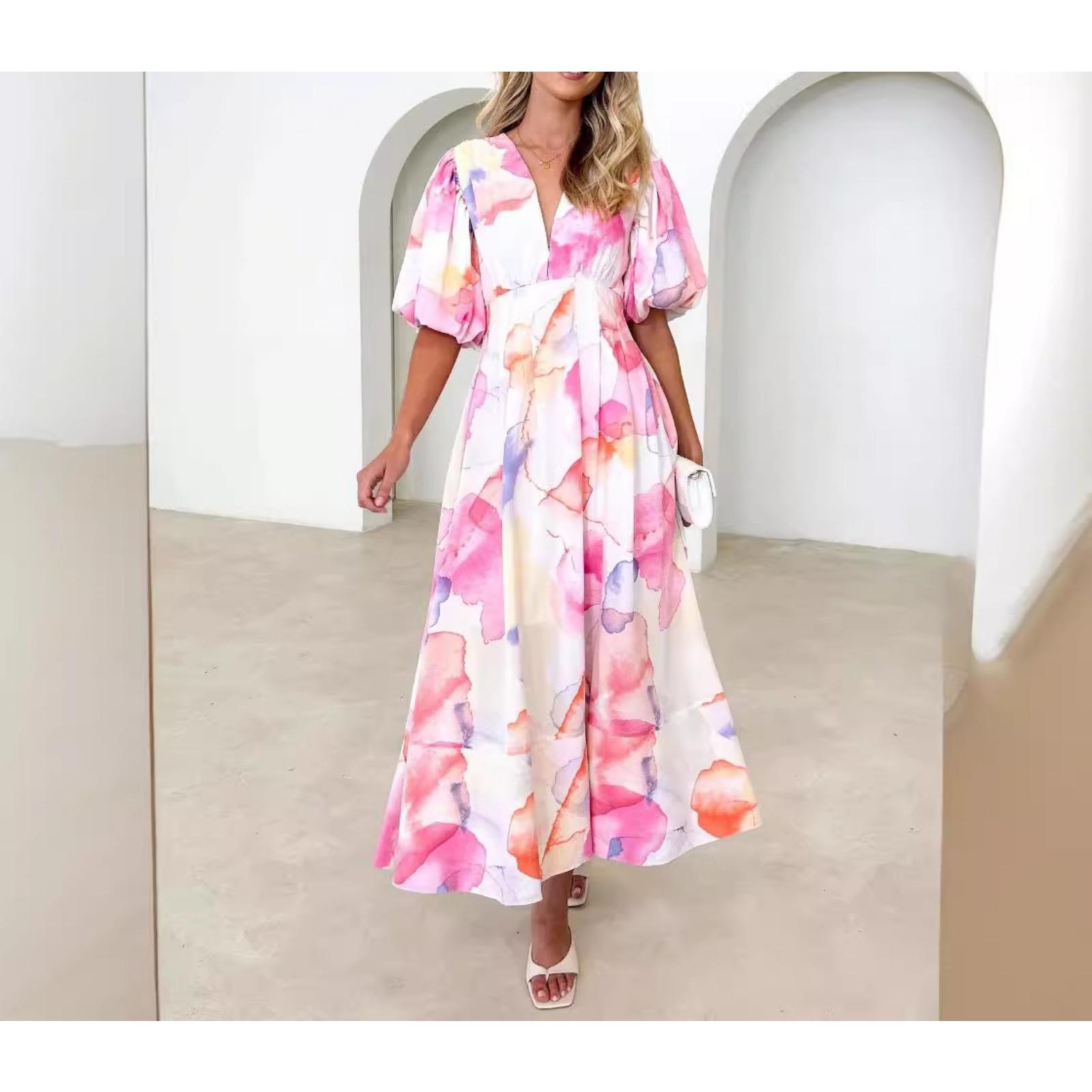 亚马逊跨境欧美女装夏季新款花卉印花泡泡袖A字型长裙气质连衣裙